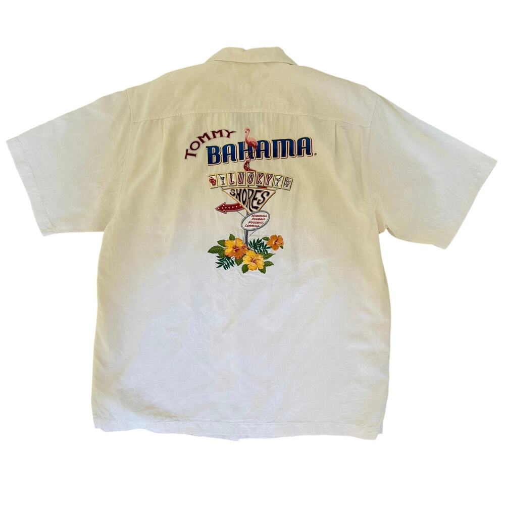 Tommy Bahama Silk Camp Shirt Lucky Horseshoe Bahama Embroidered White Hawaiian L